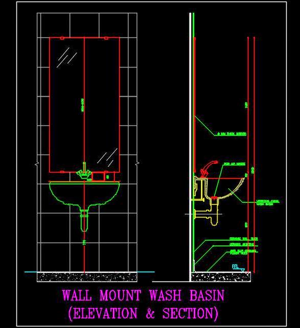 Wall-Mount Washbasin CAD Detail- Section and Elevation